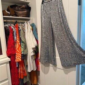 Alex Marie Silver Sequin Wide-Leg Pants